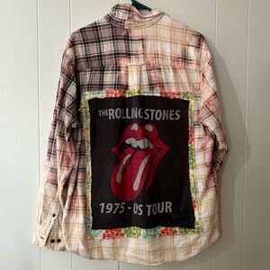 Rolling Stones Upcycled Bleach Distressed Flannel